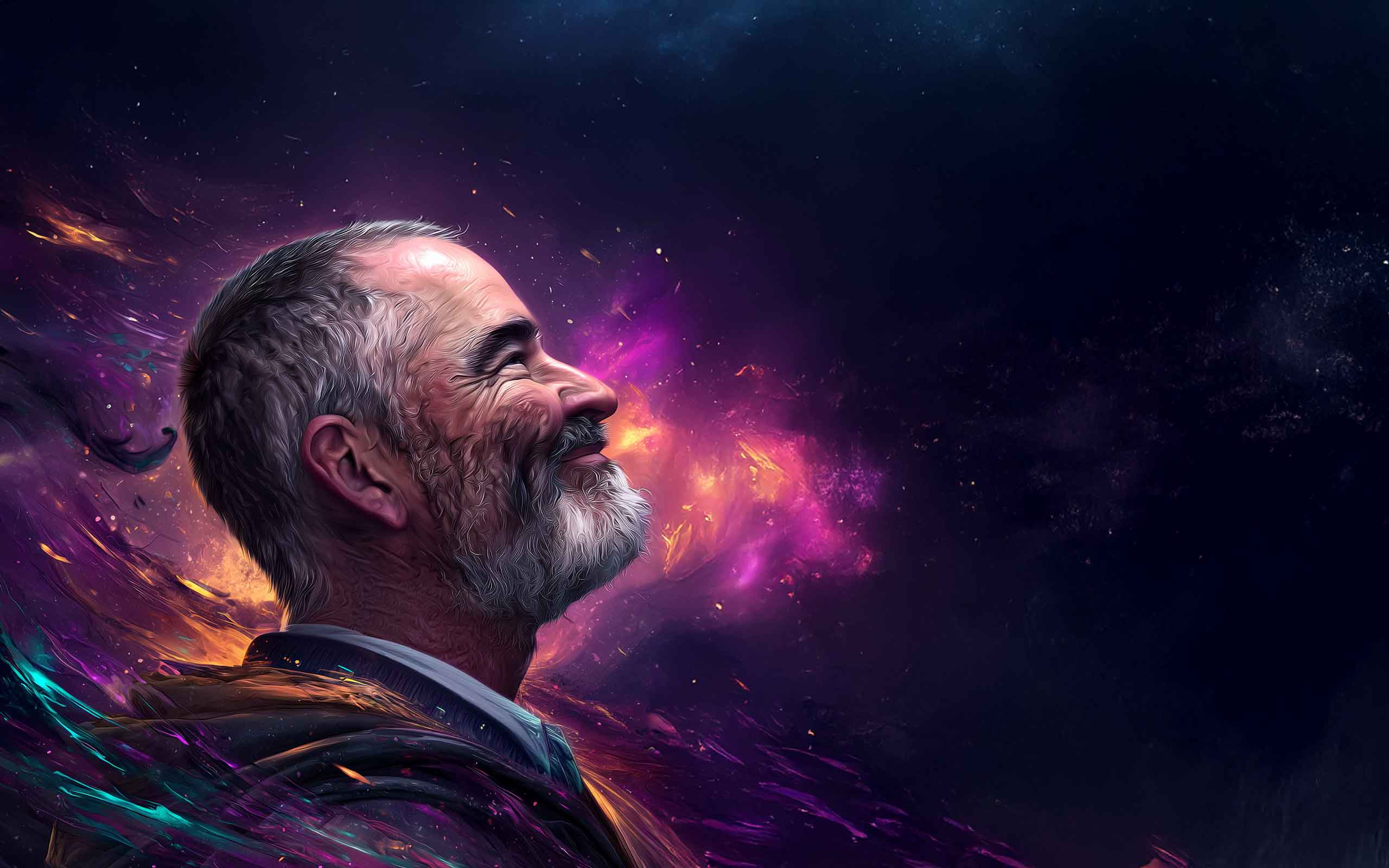 A painted portrait of Chaplain TIG in profile, face lifted toward the light, dissolving into a cosmos of fire and stardust.